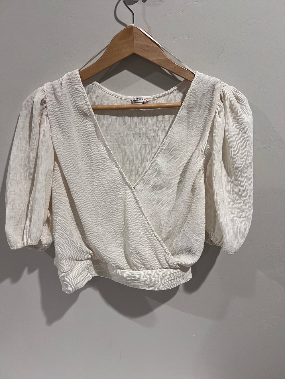 GUESS Cream Textured Wrap Blouse with Puff Sleeves